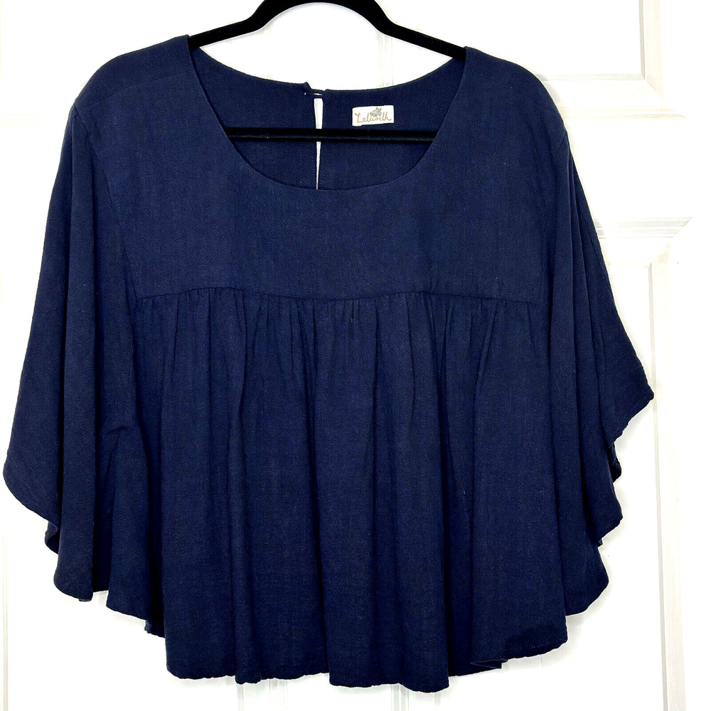 Lelasilk Linen Top Medium Bell Sleeve Swing Top Flowy Navy Blue Boho Coastal
